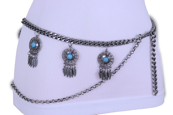 Women Ethnic Belt Vintage Silver Metal Chain Feather Turquoise Blue Charm Fit Sizes M L XL