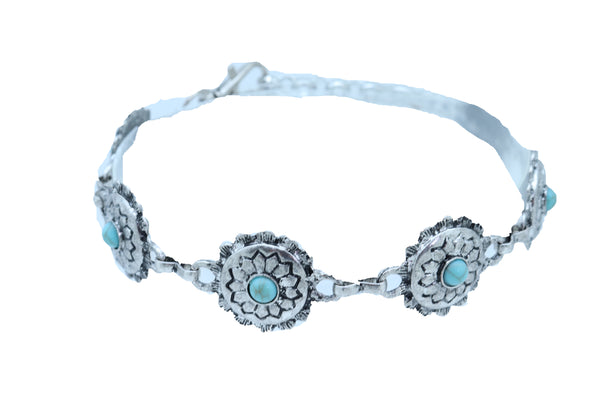 Brand New Women Silver Metal Boot Chain Bracelet Anklet Shoe Flower Charm Turquoise Blue