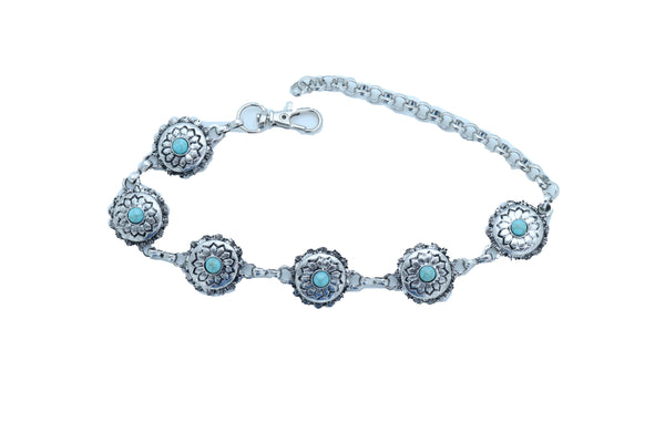 Brand New Women Silver Metal Boot Chain Bracelet Anklet Shoe Flower Charm Turquoise Blue