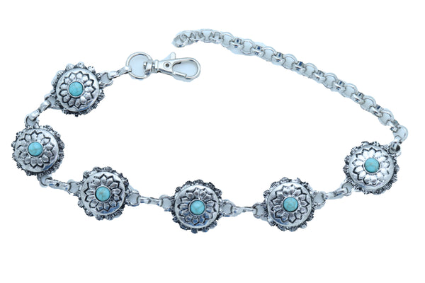 Brand New Women Silver Metal Boot Chain Bracelet Anklet Shoe Flower Charm Turquoise Blue