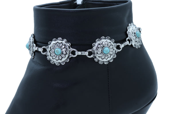 Brand New Women Silver Metal Boot Chain Bracelet Anklet Shoe Flower Charm Turquoise Blue