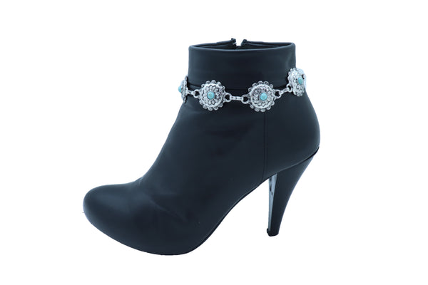 Brand New Women Silver Metal Boot Chain Bracelet Anklet Shoe Flower Charm Turquoise Blue
