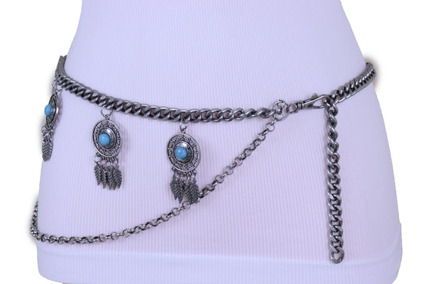 Brand New Women Ethnic Belt Vintage Silver Metal Chain Feather Turquoise Blue Charm M L XL