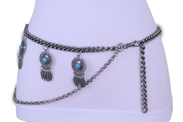 Women Ethnic Belt Vintage Silver Metal Chain Feather Turquoise Blue Charm Fit Sizes M L XL