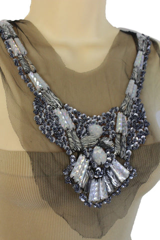 Black Lace Long Satin Tie Strand Zebra Beads Silver Sequins Artsy Necklace Women Fashion Accessories