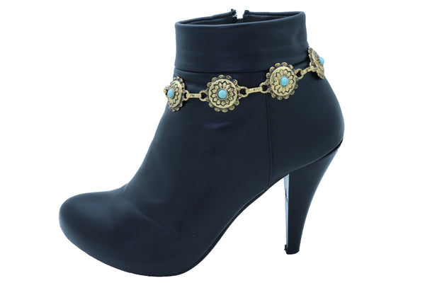 Women Antique Gold Metal Boot Chain Bracelet Shoe Charm Turquoise Blue Flower One Size
