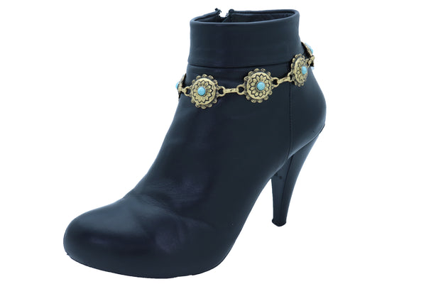 Women Antique Gold Metal Boot Chain Bracelet Shoe Charm Turquoise Blue Flower One Size