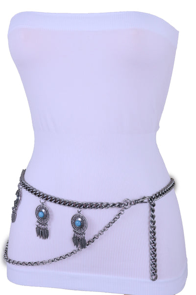 Brand New Women Antique Silver Metal Chain Western Belt Feather Turquoise Charms XS S M