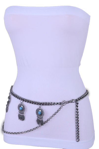 Brand New Women Ethnic Belt Silver Metal Chain Feather Turquoise Charm Plus Size XL XXL