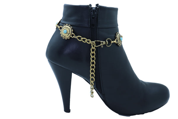 Women Antique Gold Metal Boot Chain Bracelet Shoe Charm Turquoise Blue Flower One Size