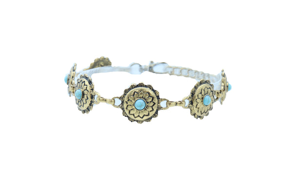 Women Antique Gold Metal Boot Chain Bracelet Shoe Charm Turquoise Blue Flower One Size