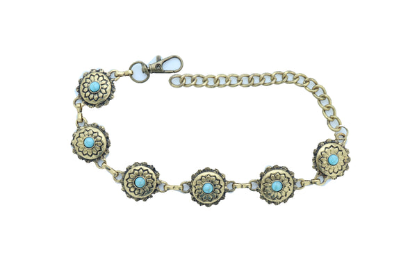 Women Antique Gold Metal Boot Chain Bracelet Shoe Charm Turquoise Blue Flower One Size