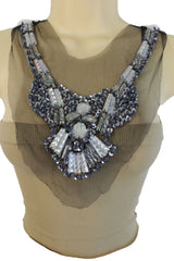 Black Lace Long Satin Tie Strand Zebra Beads Silver Sequins Artsy Necklace