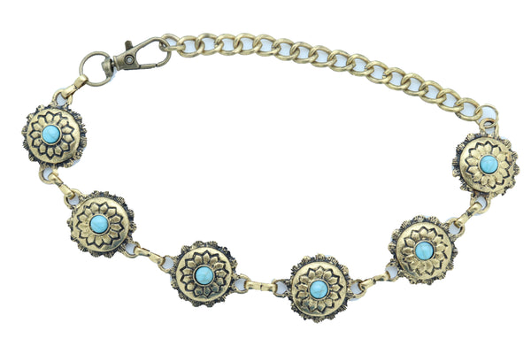 Women Antique Gold Metal Boot Chain Bracelet Shoe Charm Turquoise Blue Flower One Size