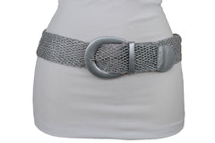 Women Metallic Silver Mesh Fabric Braided Look Casual Fashion Belt Size S M