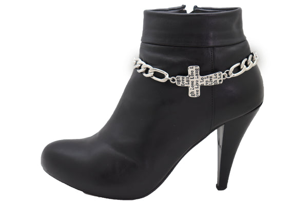 Brand New Women Silver Metal Chain Boot Western Bracelet Shoe Cross Charm Live Love Laugh Adjustable Size