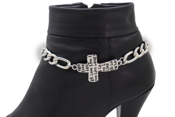 Brand New Women Silver Metal Chain Boot Western Bracelet Shoe Cross Charm Live Love Laugh Adjustable Size