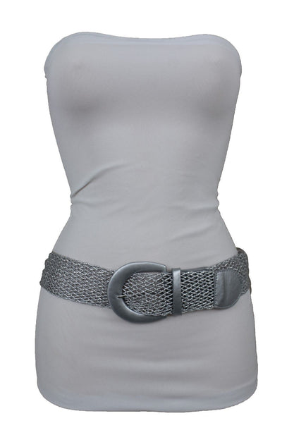 New Women Metallic Silver Mesh Fabric Braided Look Casual Fashion Belt Size S M