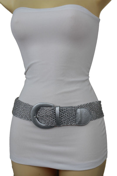 New Women Metallic Silver Mesh Fabric Braided Look Casual Fashion Belt Size S M