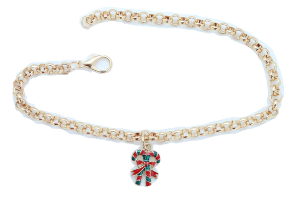 New Women Gold Metal Boot Chain Bracelet Christmas Shoe Candy Cane Charm Jewelry Adjustable Size Band