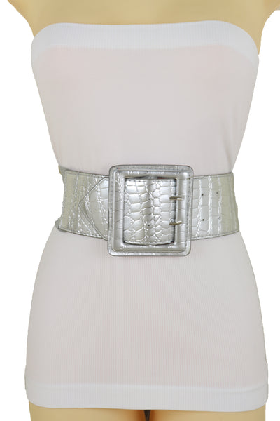 Brand New Women Hip Waist Silver Faux Leather Wide Elastic Belt Big Square Buckle M L XL