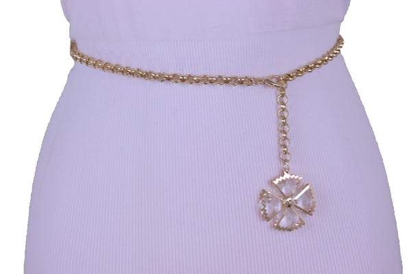 Women Fashion Belt Gold Metal Chain Links Waistband Flower Bling Charm Elegant Stylish Look Size M L XL