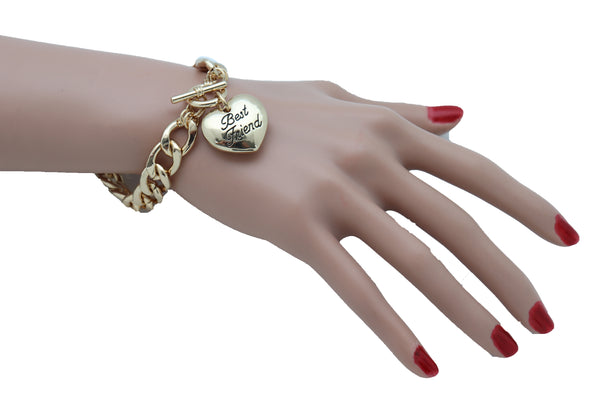 Women Bangle Bracelet Gold Metal Chain Heart Charm Fashion Jewelry Best Friend Love