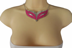 Women Silver Metal Chain Pink Masquerade Mask Fashion Necklace Earrings Set