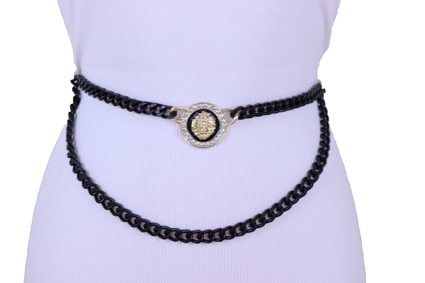 Sexy Look Women Fashion Belt Hip Waist Black Gold Metal Chain Bling Lion Charm Size M L XL