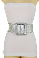 Women Hip Waist Silver Faux Leather Wide Elastic Belt Big Square Buckle Adjustable One Size M L XL