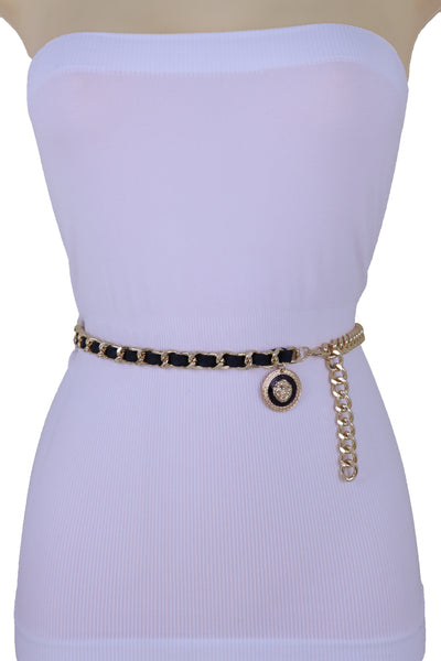 Women Fashion Gold Metal Chain Links Black Sexy Belt Lion Medallion Charm Fit Sizes XS S M