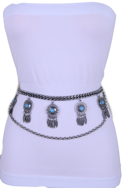 Women Antique Silver Metal Chain Western Belt Feather Turquoise Charms Fits Sizes XS S M