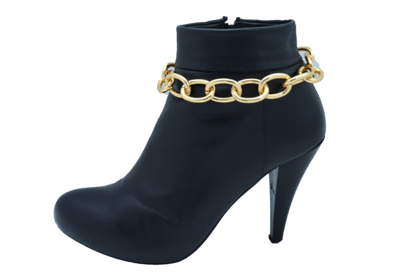 Women Gold Metal Chunky Chain Thick Links Boot Bracelet Shoe Band Anklet Strap Adjustable Size