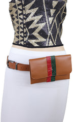 Brown Faux Leather Fashion Belt + Purse Bag Green Red Bling Bead