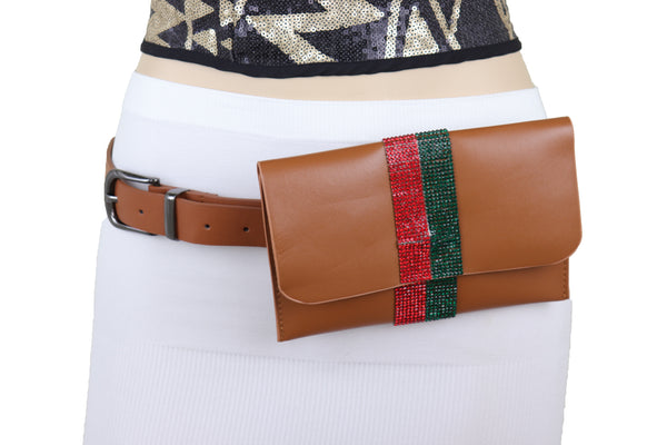 Brand New Women Brown Faux Leather Fashion Belt + Wallet Bag Green Red Bling Bead Size S M