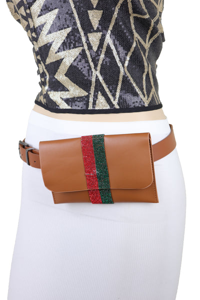 Brand New Women Brown Faux Leather Fashion Belt + Wallet Bag Green Red Bling Bead Size S M