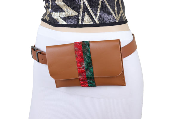 Brand New Women Brown Faux Leather Fashion Belt + Wallet Bag Green Red Bling Bead Size S M