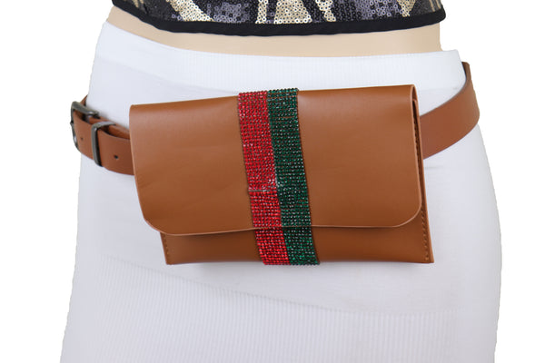 Brand New Women Brown Faux Leather Fashion Belt + Wallet Bag Green Red Bling Bead Size S M