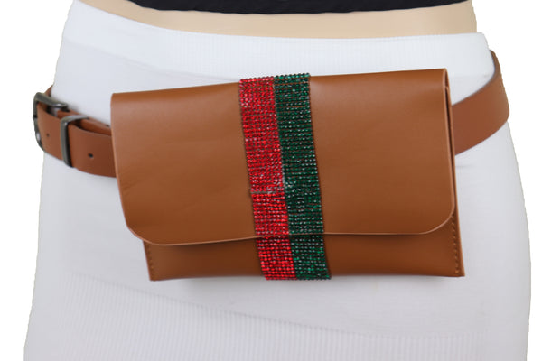 Brand New Women Brown Faux Leather Fashion Belt + Wallet Bag Green Red Bling Bead Size S M