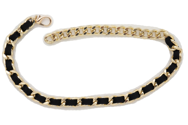 Brand New Women Gold Metal Boot Chain Links Black Fabric Strap Bracelet Shoe Bling Jewelry