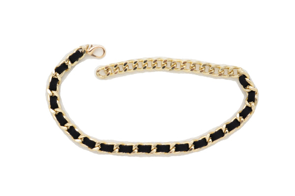 Brand New Women Gold Metal Boot Chain Links Black Fabric Strap Bracelet Shoe Bling Jewelry