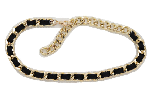 Brand New Women Gold Metal Boot Chain Links Black Fabric Strap Bracelet Shoe Bling Jewelry