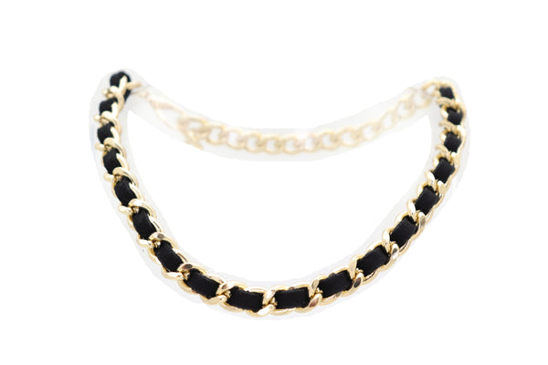 Brand New Women Gold Metal Boot Chain Links Black Fabric Strap Bracelet Shoe Bling Jewelry
