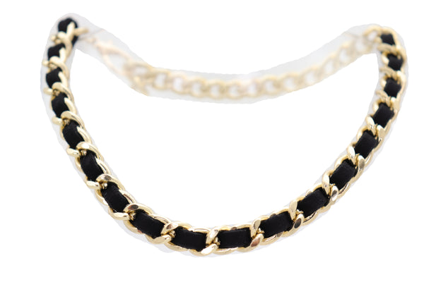 Brand New Women Gold Metal Boot Chain Links Black Fabric Strap Bracelet Shoe Bling Jewelry