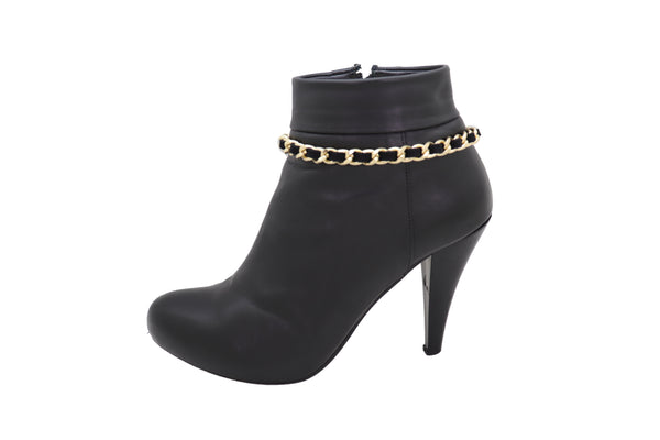 Brand New Women Gold Metal Boot Chain Links Black Fabric Strap Bracelet Shoe Bling Jewelry