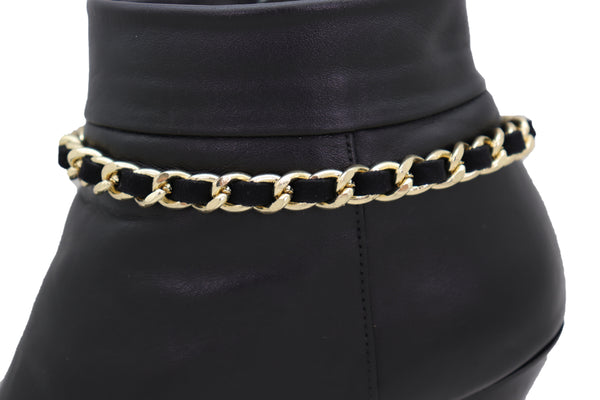 Brand New Women Gold Metal Boot Chain Links Black Fabric Strap Bracelet Shoe Bling Jewelry