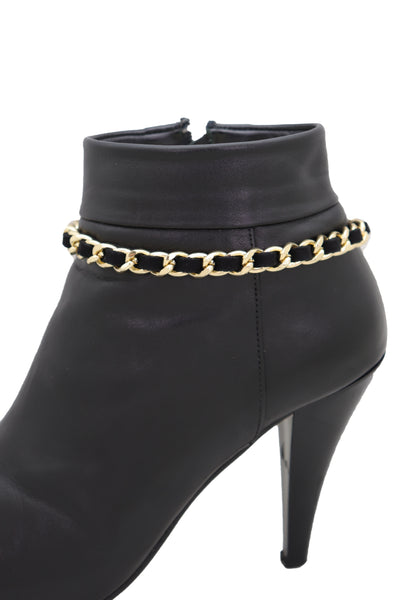 Brand New Women Gold Metal Boot Chain Links Black Fabric Strap Bracelet Shoe Bling Jewelry