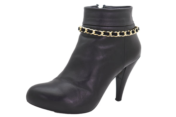 Brand New Women Gold Metal Boot Chain Links Black Fabric Strap Bracelet Shoe Bling Jewelry