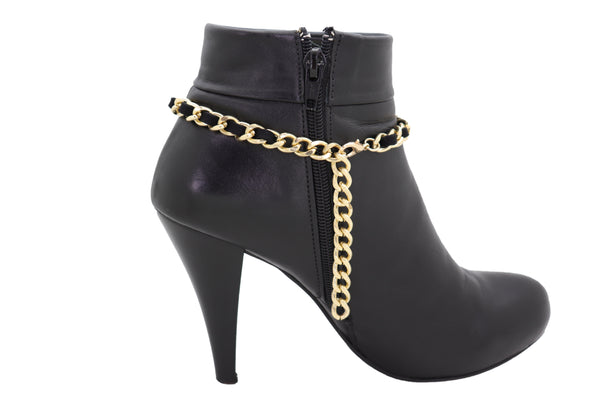 Brand New Women Gold Metal Boot Chain Links Black Fabric Strap Bracelet Shoe Bling Jewelry