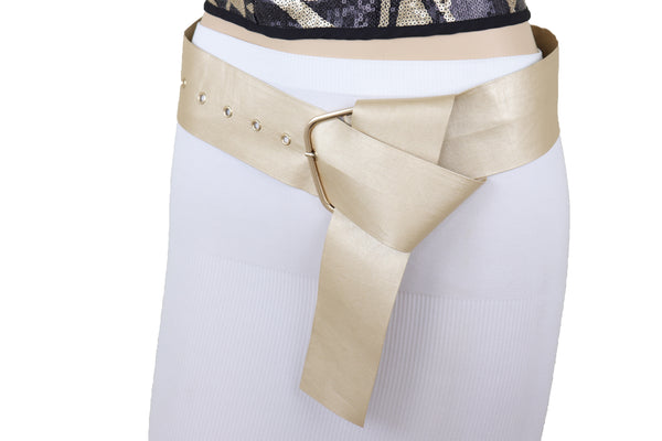 Brand New Women Gold Extra Long Fabric Wide Waistband Fashion Belt Adjustable Size XS S